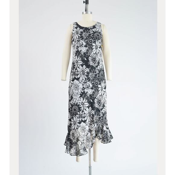 Vintage 90s Black and White Floral High Low Ruffle Maxi Party Dress Deadstock M - Picture 3 of 9